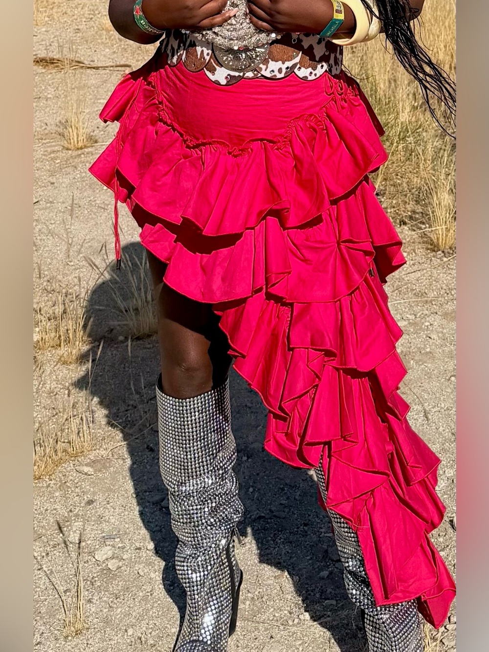 CLAIRE HIGH LOW RUFFLE SKIRT IN RED - Picture 4 of 5